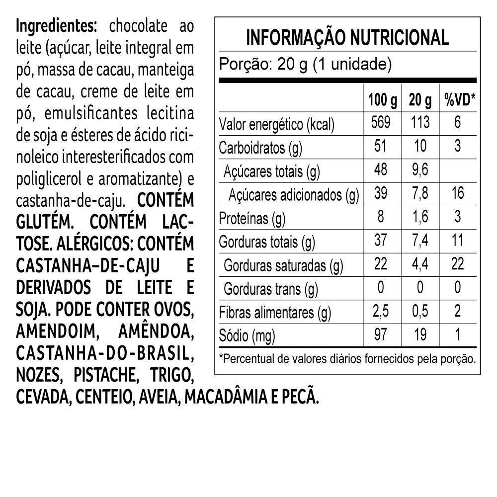 Tablete ao Leite com Castanha de Caju 20g, , large. image number 1